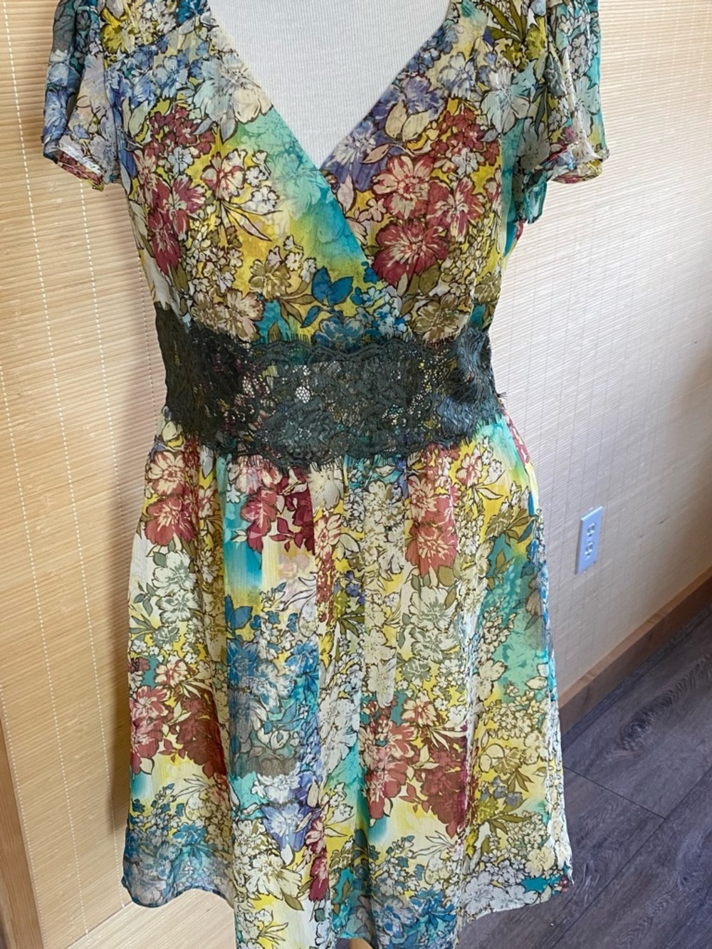 Sundance Silk Floral Wrap Mini Dress with Lace Waist - Yellow, Teal, Burgundy